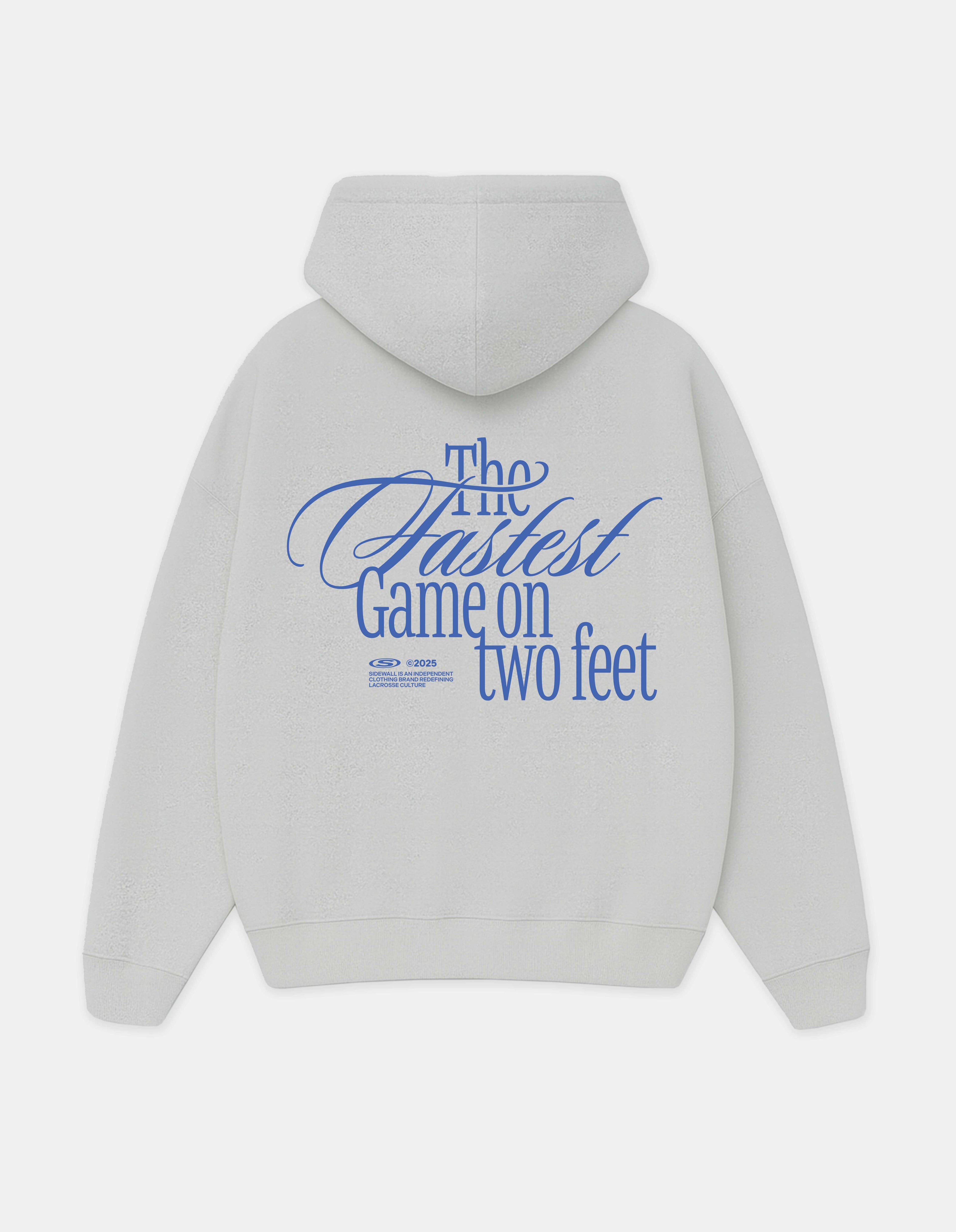 Fastest Game heather gray lacrosse hoodie back graphic