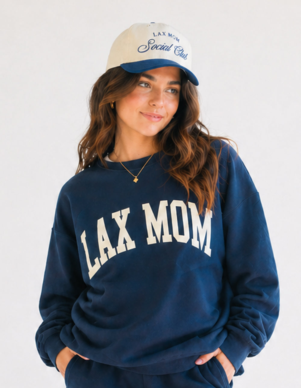 Lax Mom white and royal hat on model