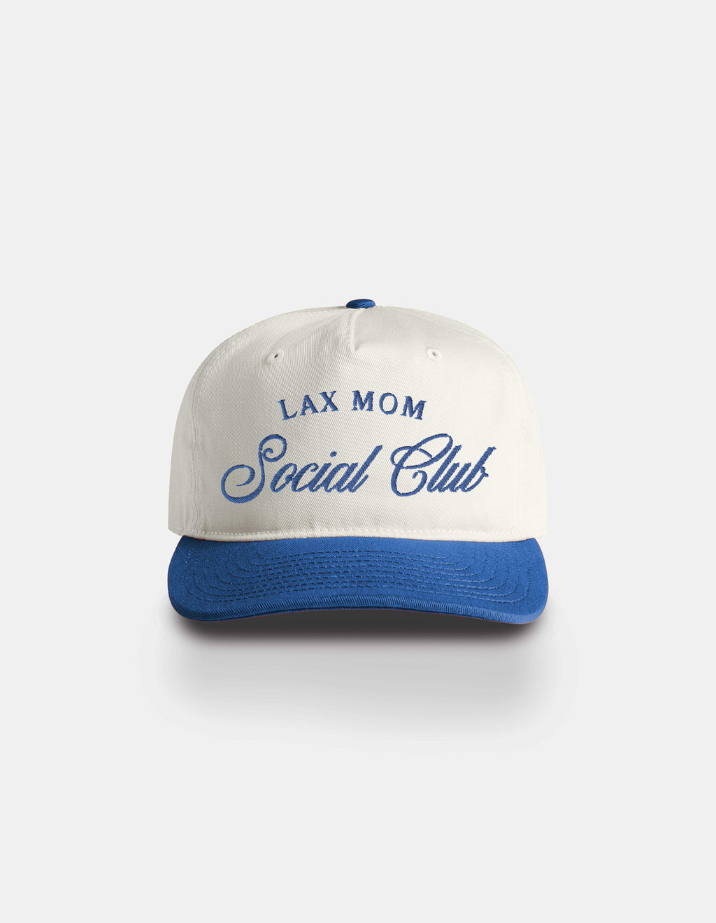Lax Mom white and royal snapback hat front