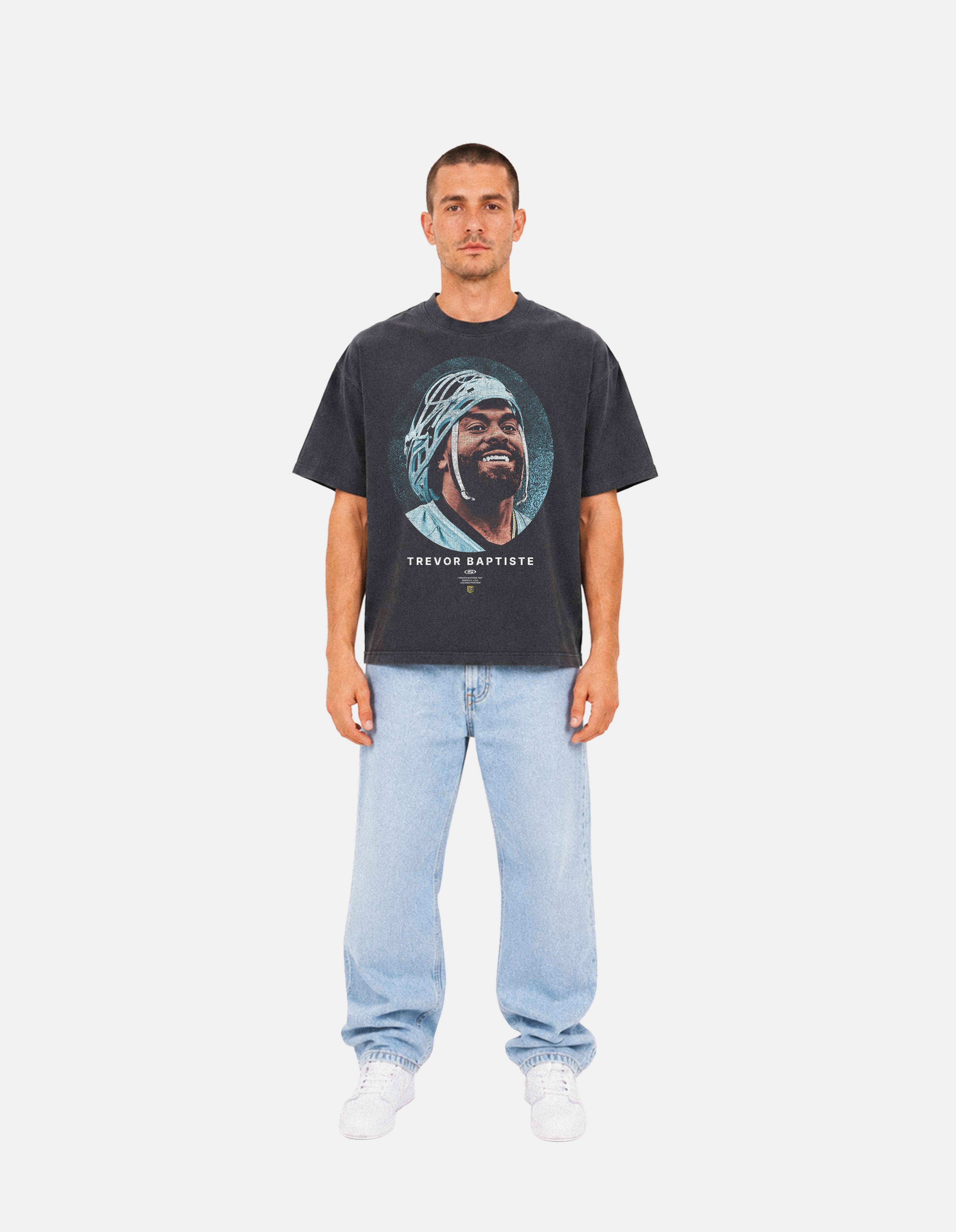 Trevor Baptiste shadow lacrosse graphic oversized tee front on model