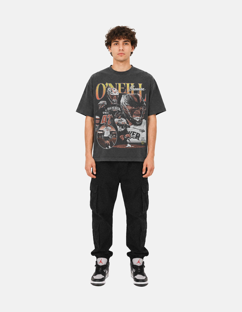 Brennan O'Neill shadow lacrosse graphic oversized tee front on model