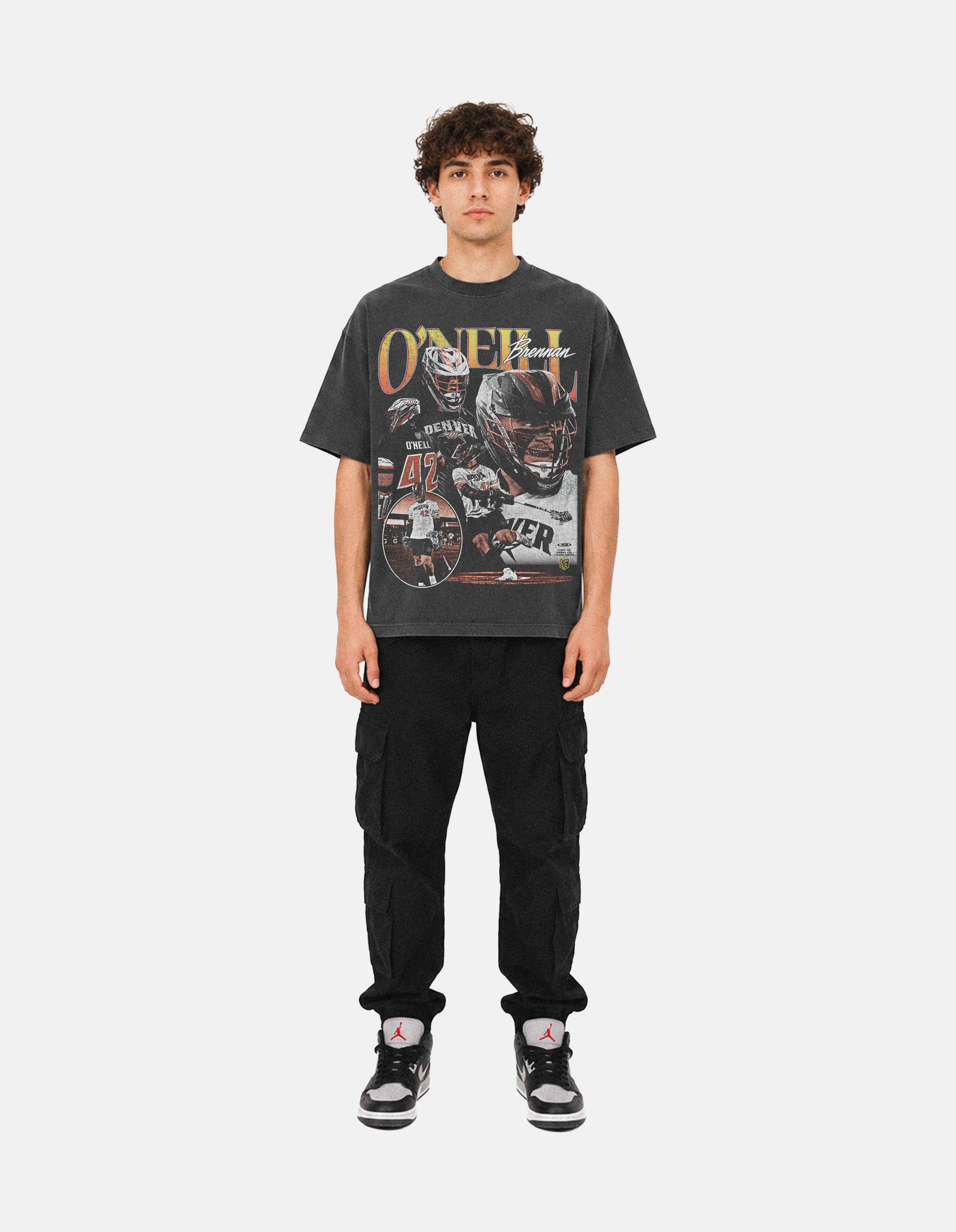 Brennan O'Neill shadow lacrosse graphic oversized tee front on model