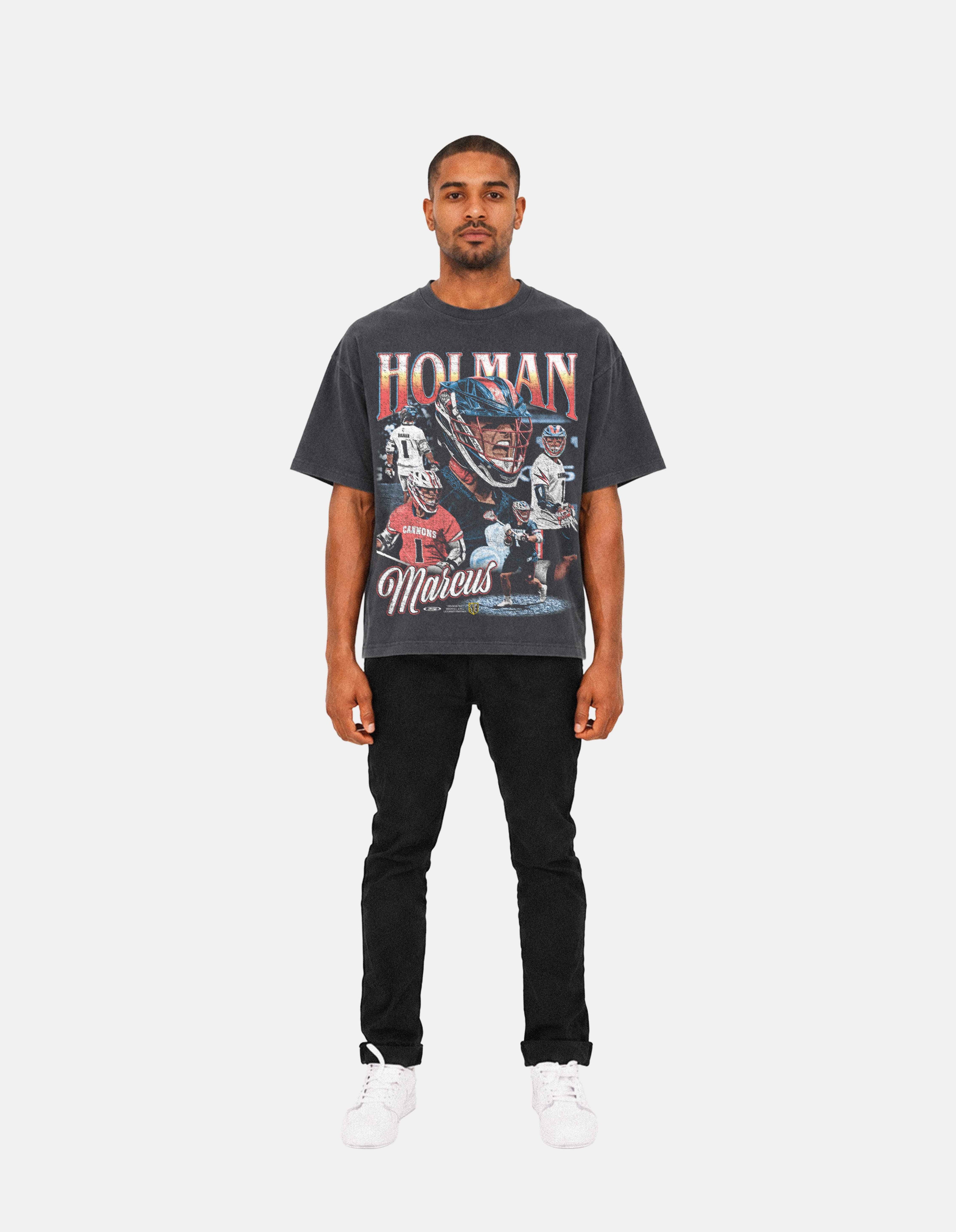 Marcus Holman shadow lacrosse graphic oversized tee front on model