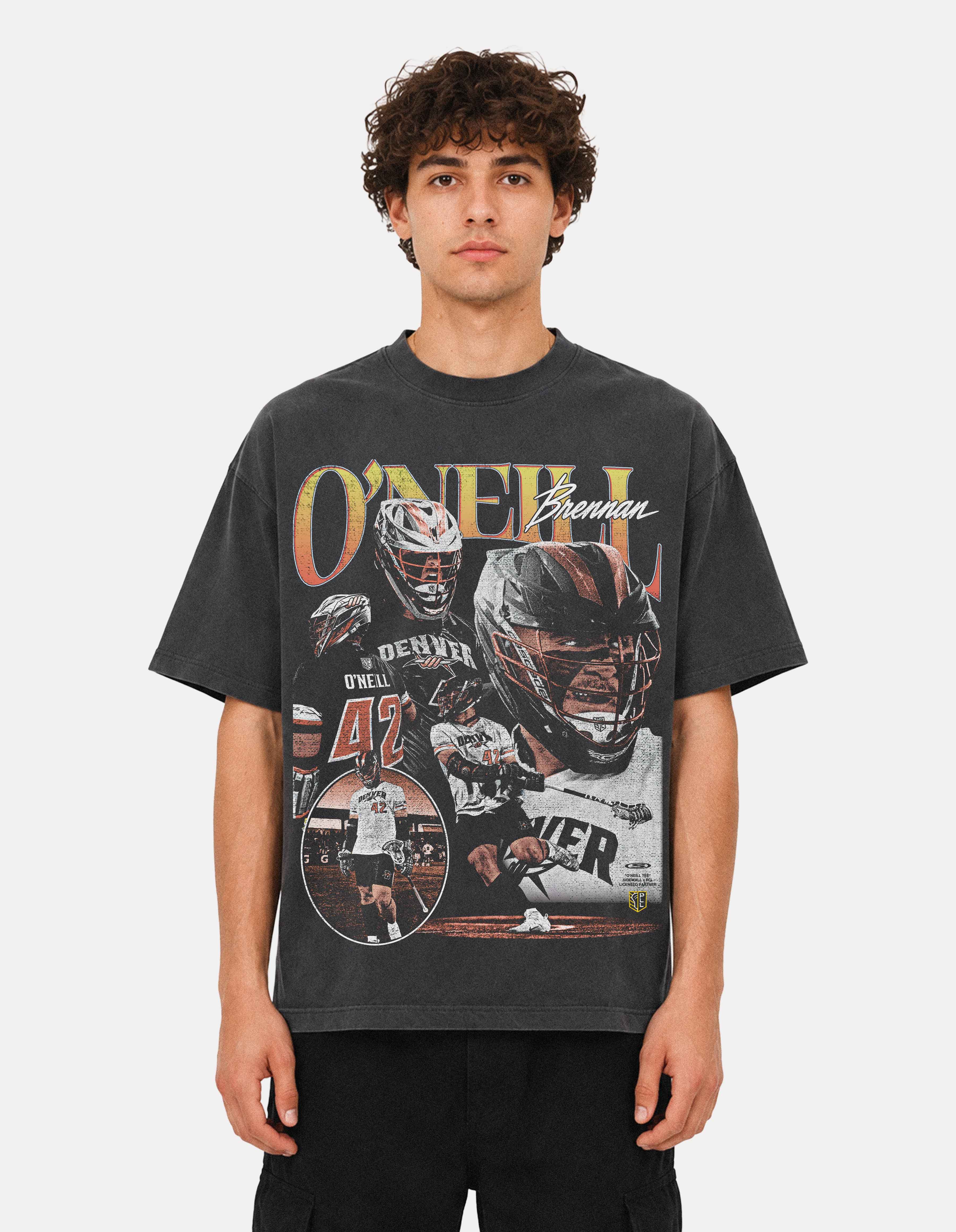 Brennan O'Neill shadow lacrosse graphic oversized tee front on model