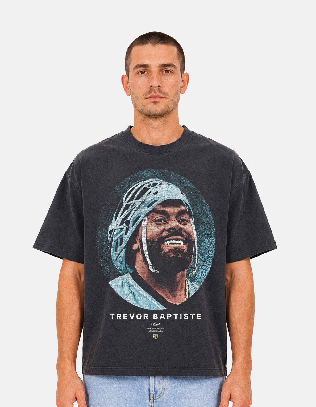 Trevor Baptiste shadow lacrosse graphic oversized tee front on model