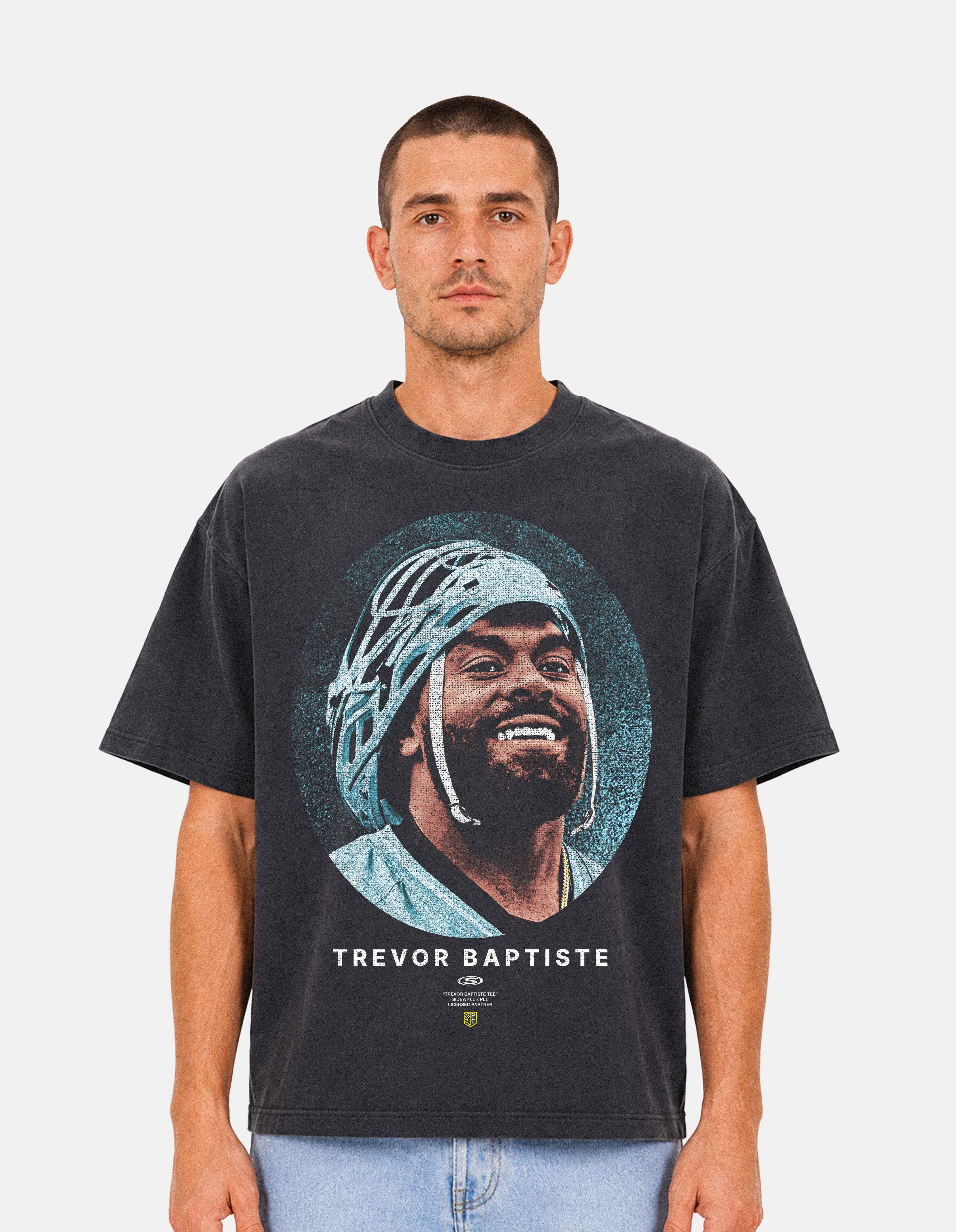Trevor Baptiste shadow lacrosse graphic oversized tee front on model