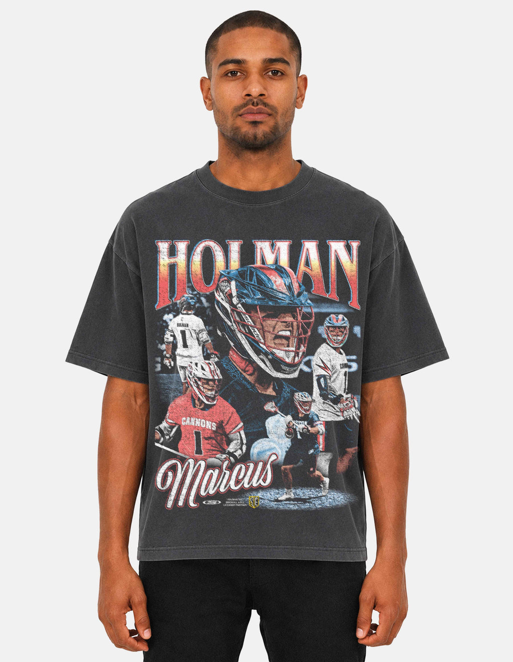 Marcus Holman shadow lacrosse graphic oversized tee front on model