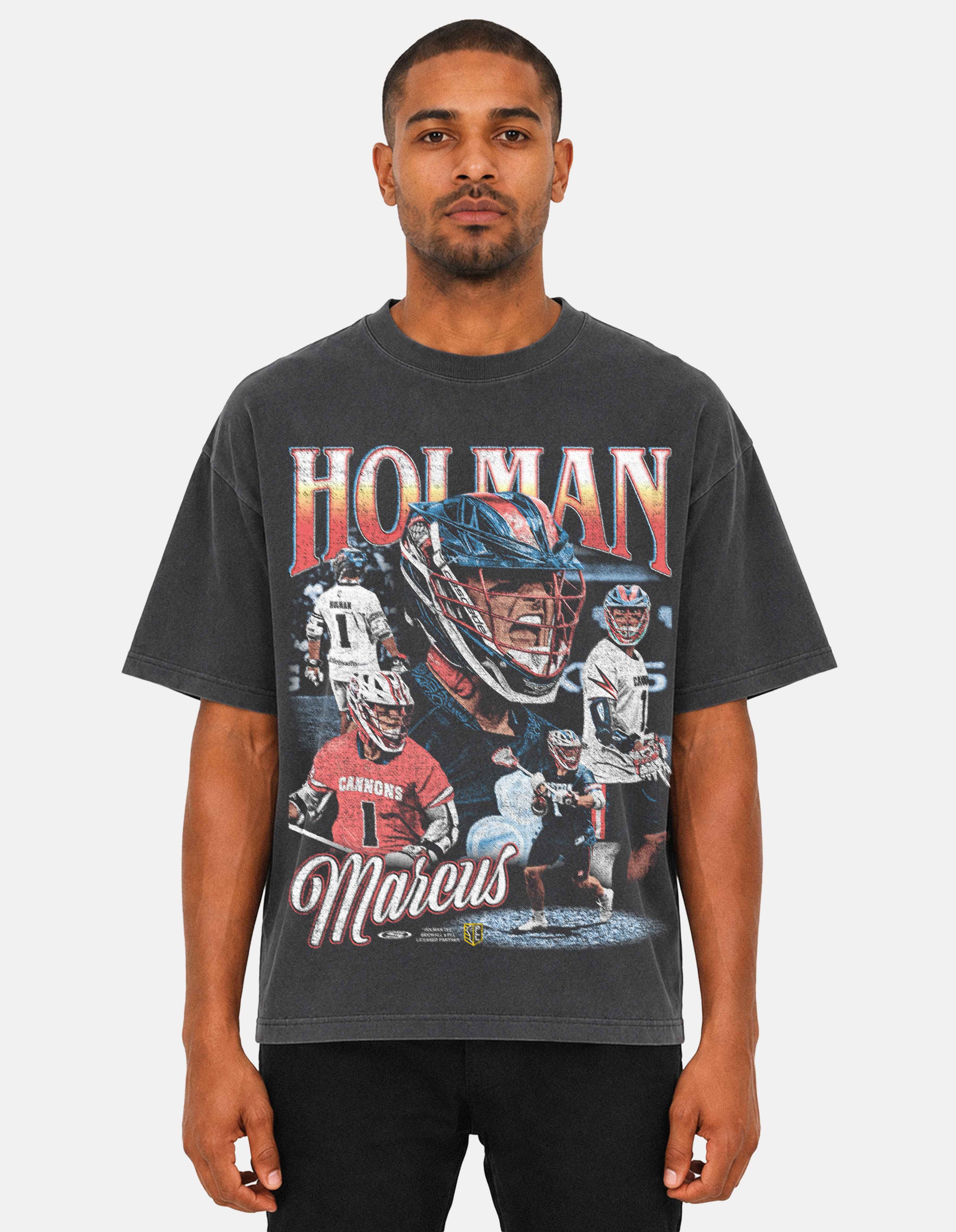 Marcus Holman shadow lacrosse graphic oversized tee front on model