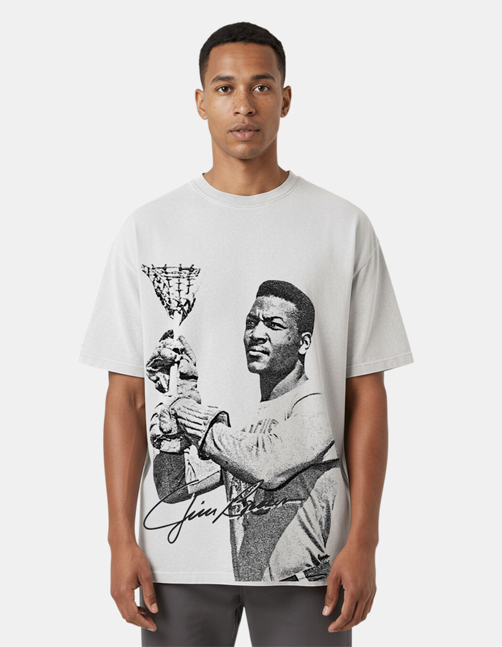 Jim Brown white oversized lacrosse tee on model