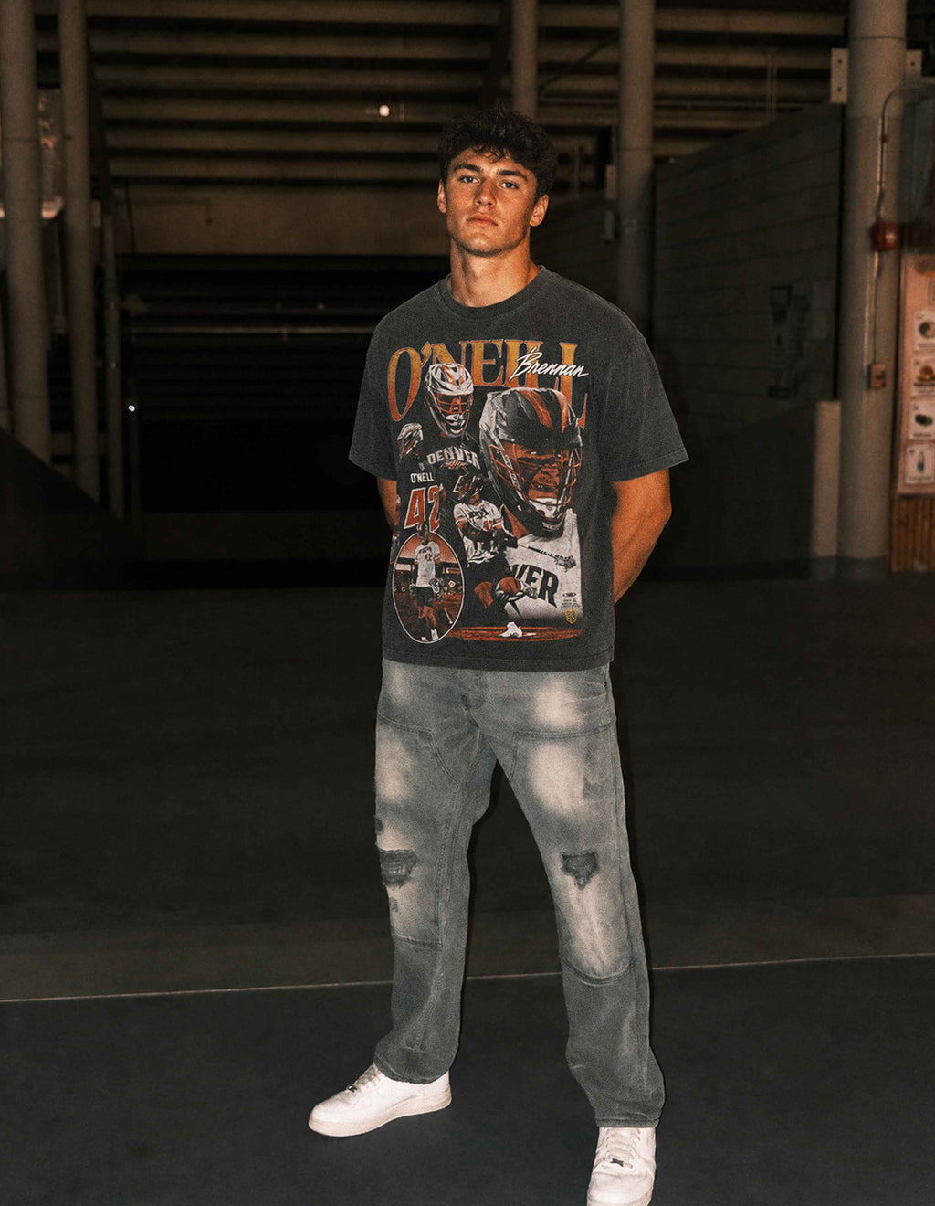 Brennan O'Neill shadow lacrosse graphic oversized tee front lifestyle photo