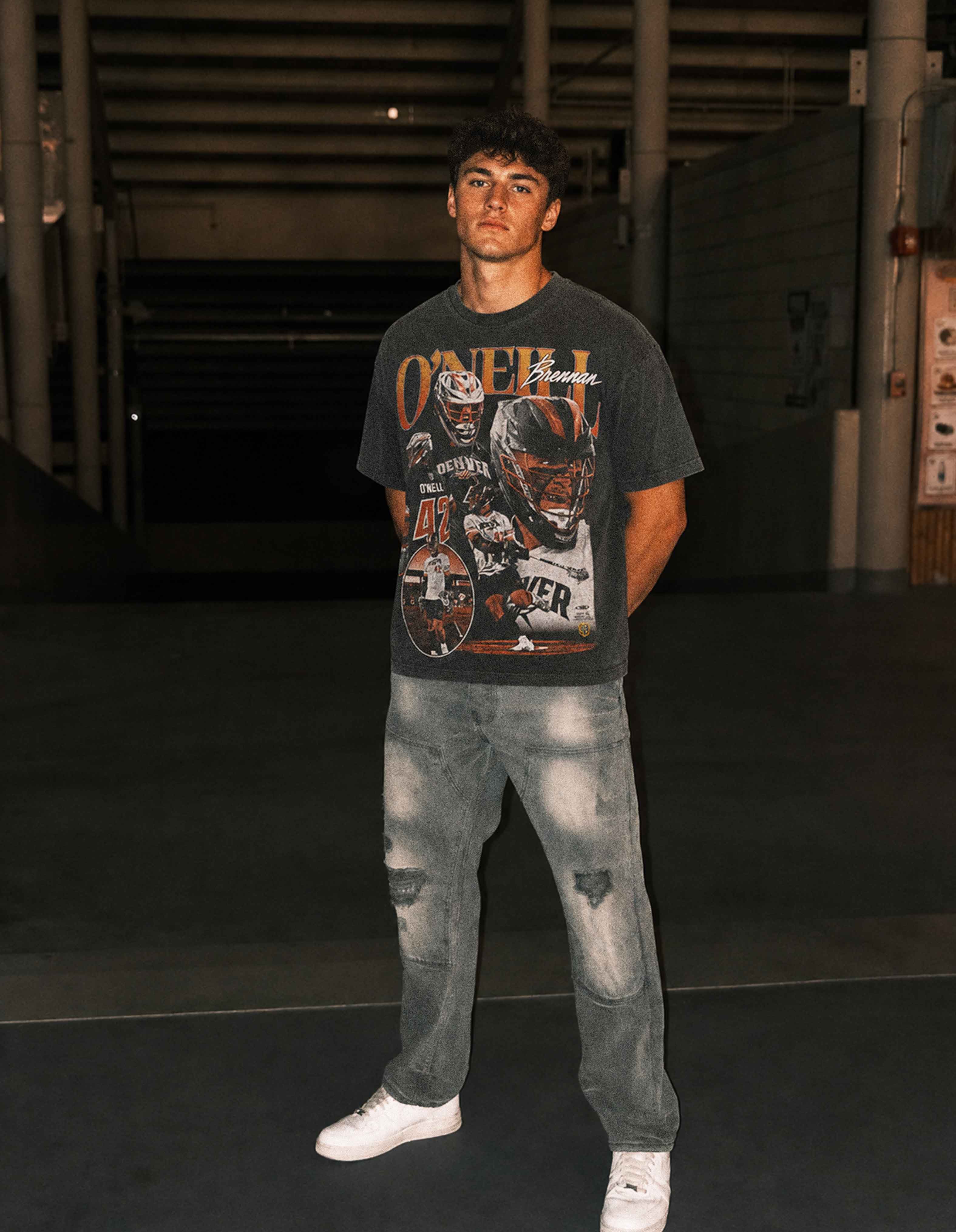 Brennan O'Neill shadow lacrosse graphic oversized tee front lifestyle photo
