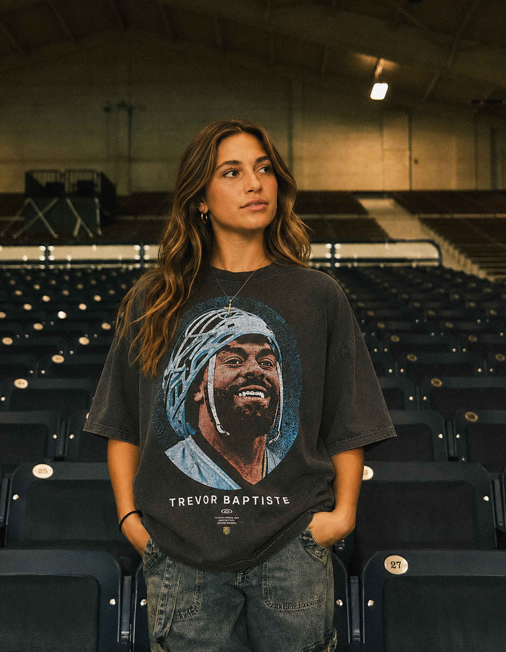 Trevor Baptiste shadow lacrosse graphic oversized tee front lifestyle photo