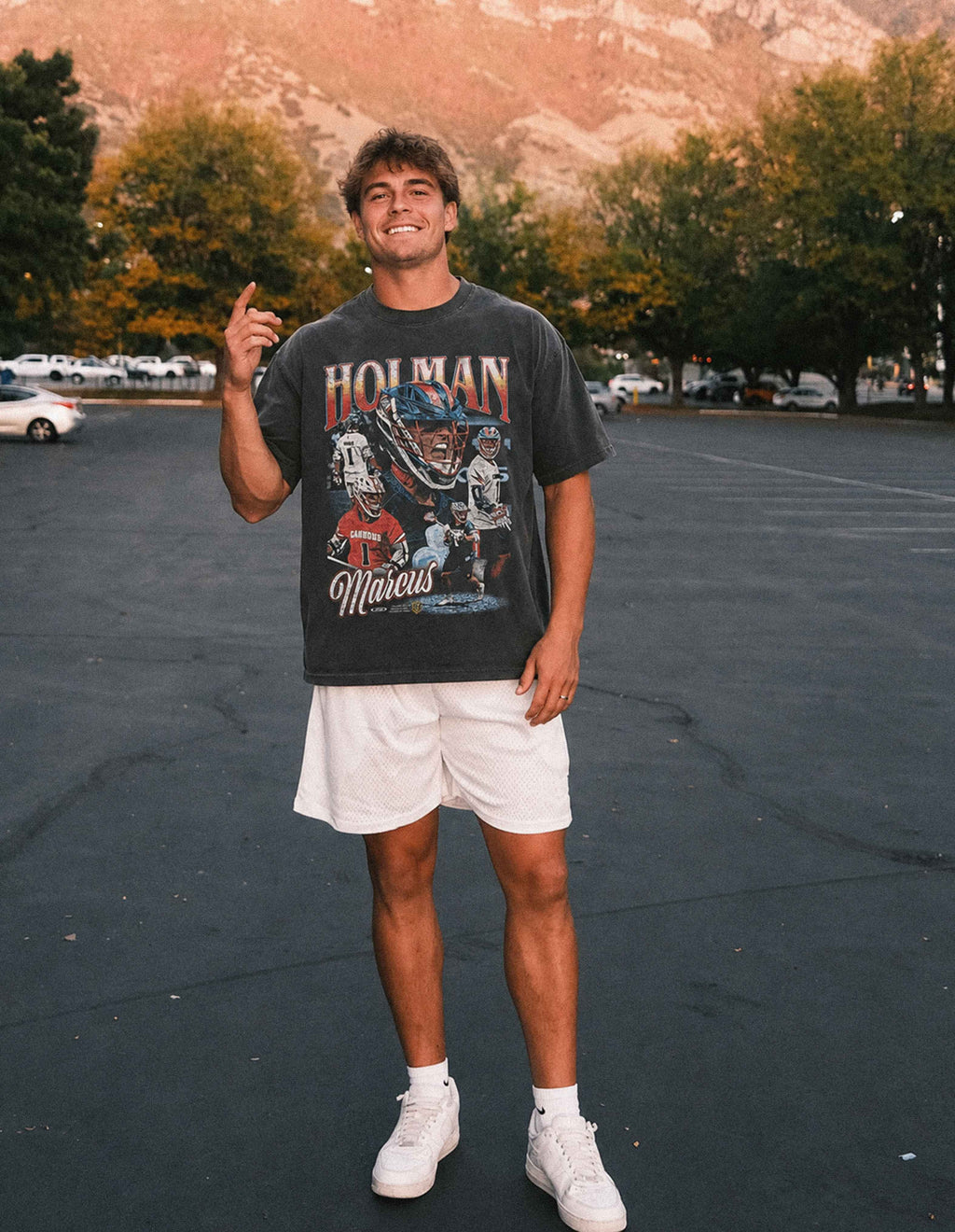 Marcus Holman shadow lacrosse graphic oversized tee front lifestyle photo