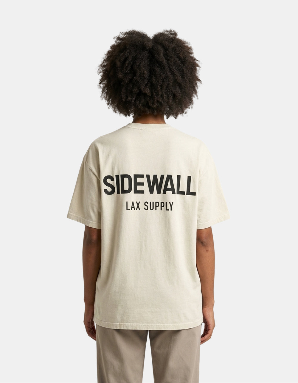 Sidewall Core bone oversized lacrosse tee back on model