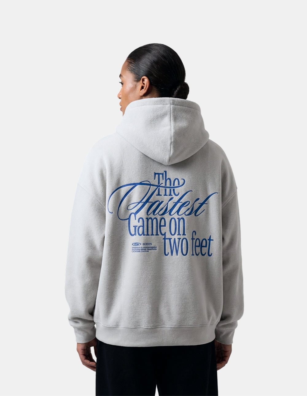 Fastest Game heather gray lacrosse hoodie back on model