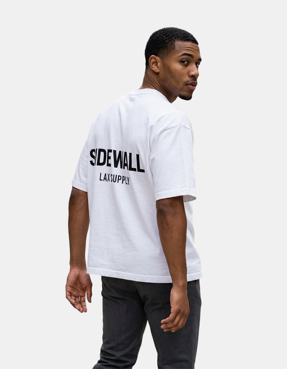 Sidewall Core white oversized lacrosse tee back on model