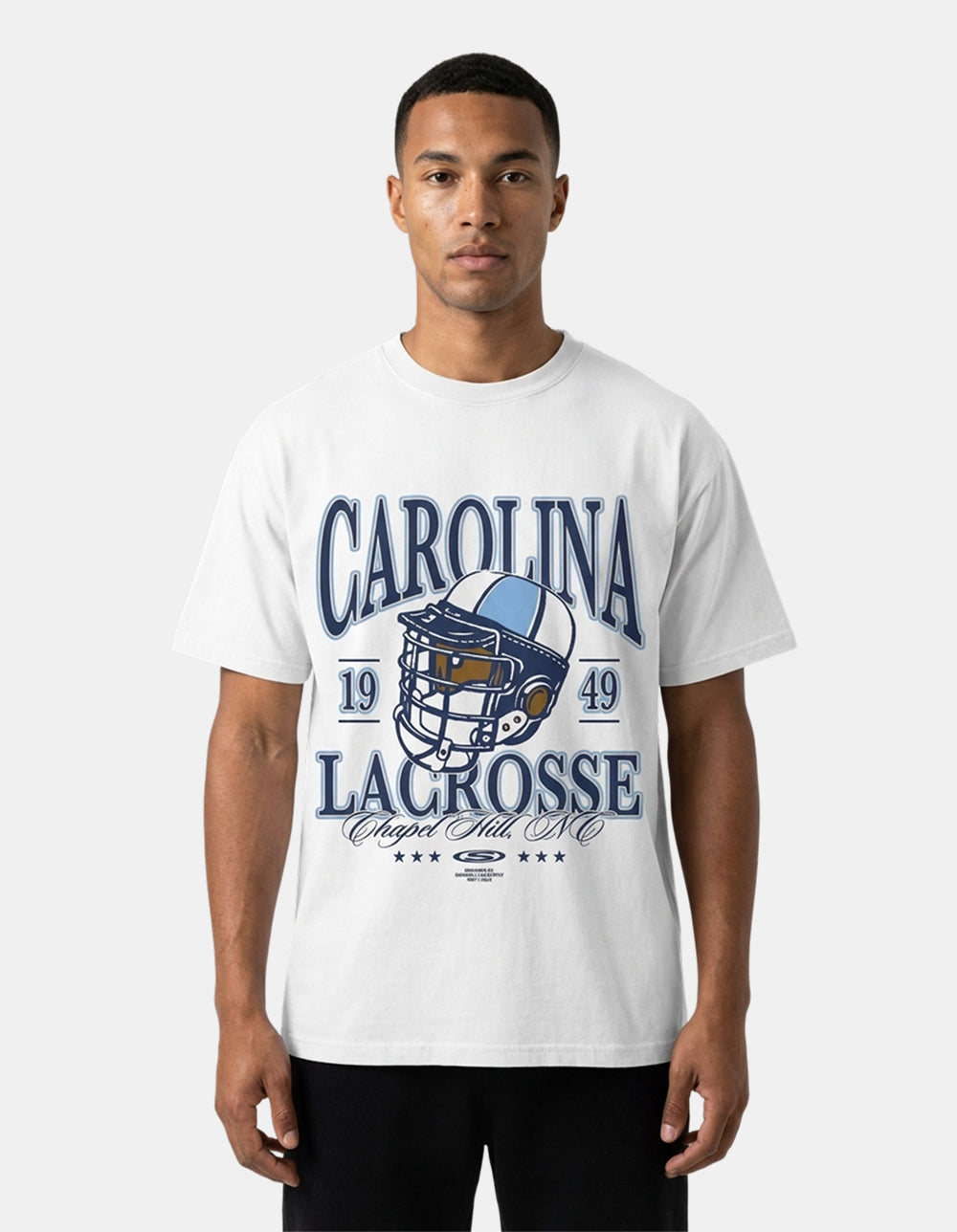 Carolina white oversized lacrosse tee on model