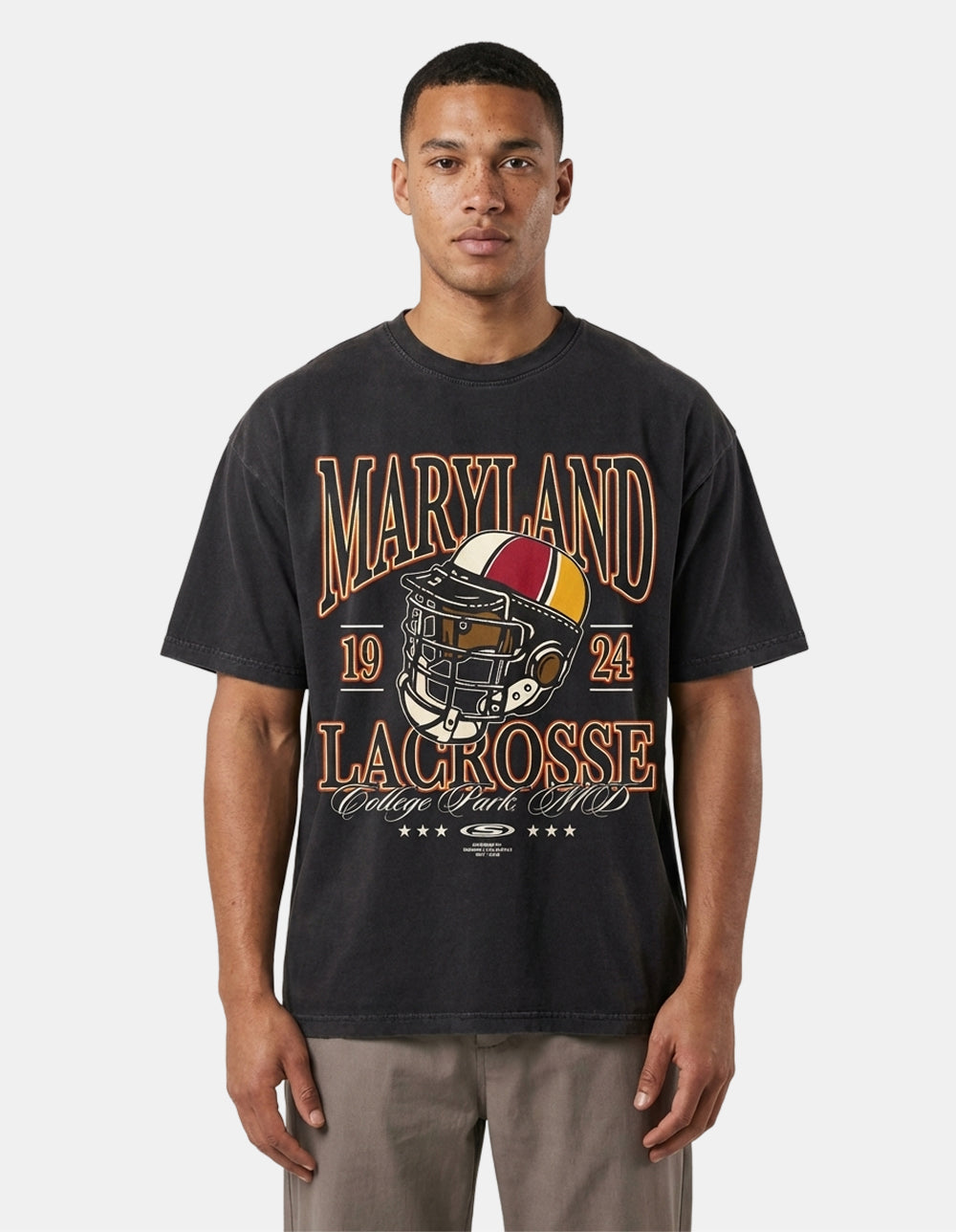Maryland black oversized lacrosse tee on model