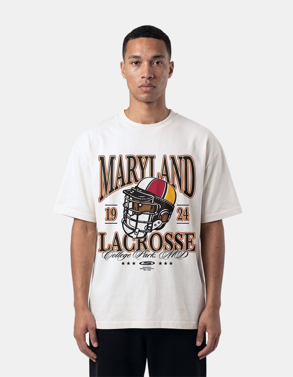 Maryland white oversized lacrosse tee on model