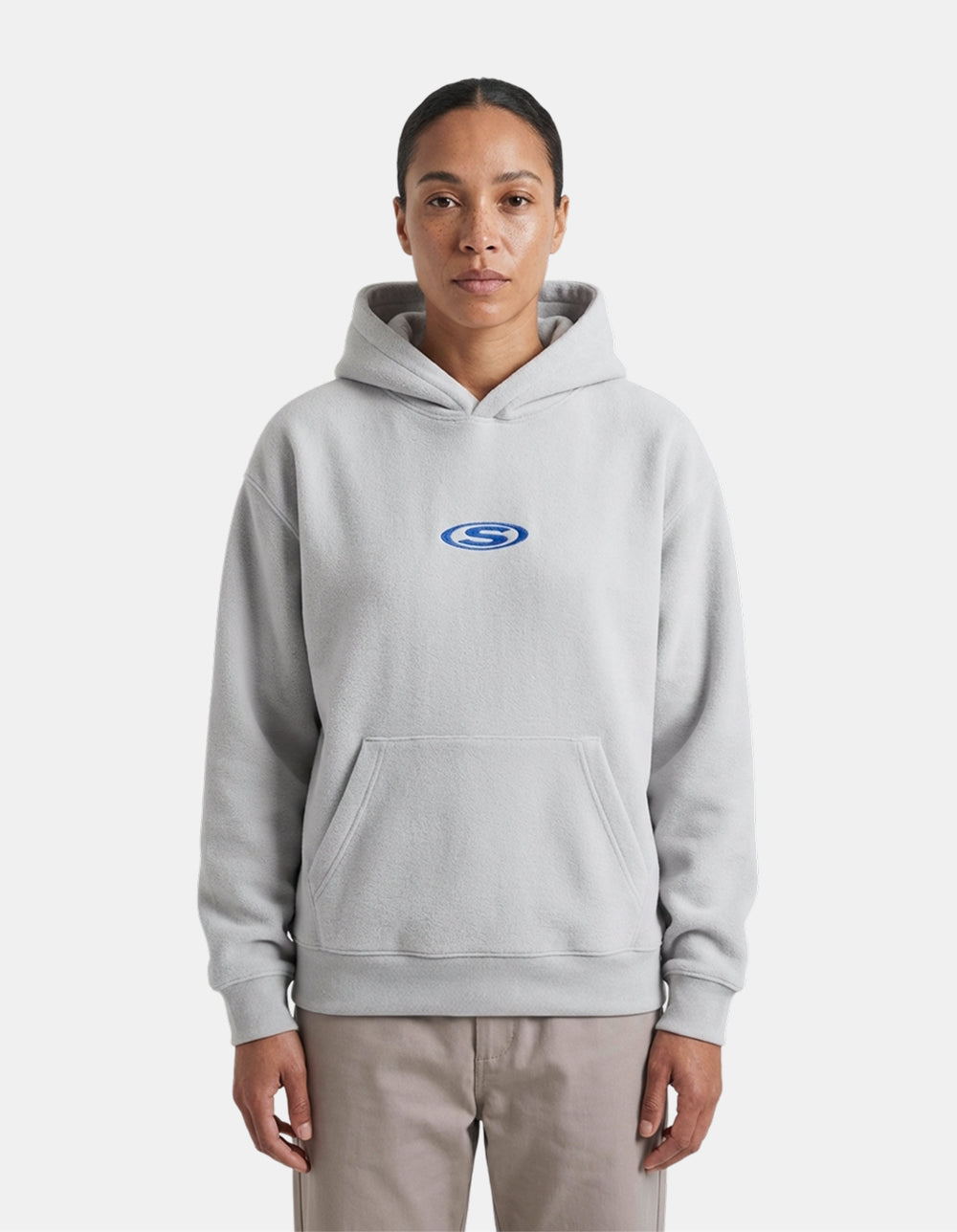 Fastest Game heather gray oversized lacrosse hoodie front on model