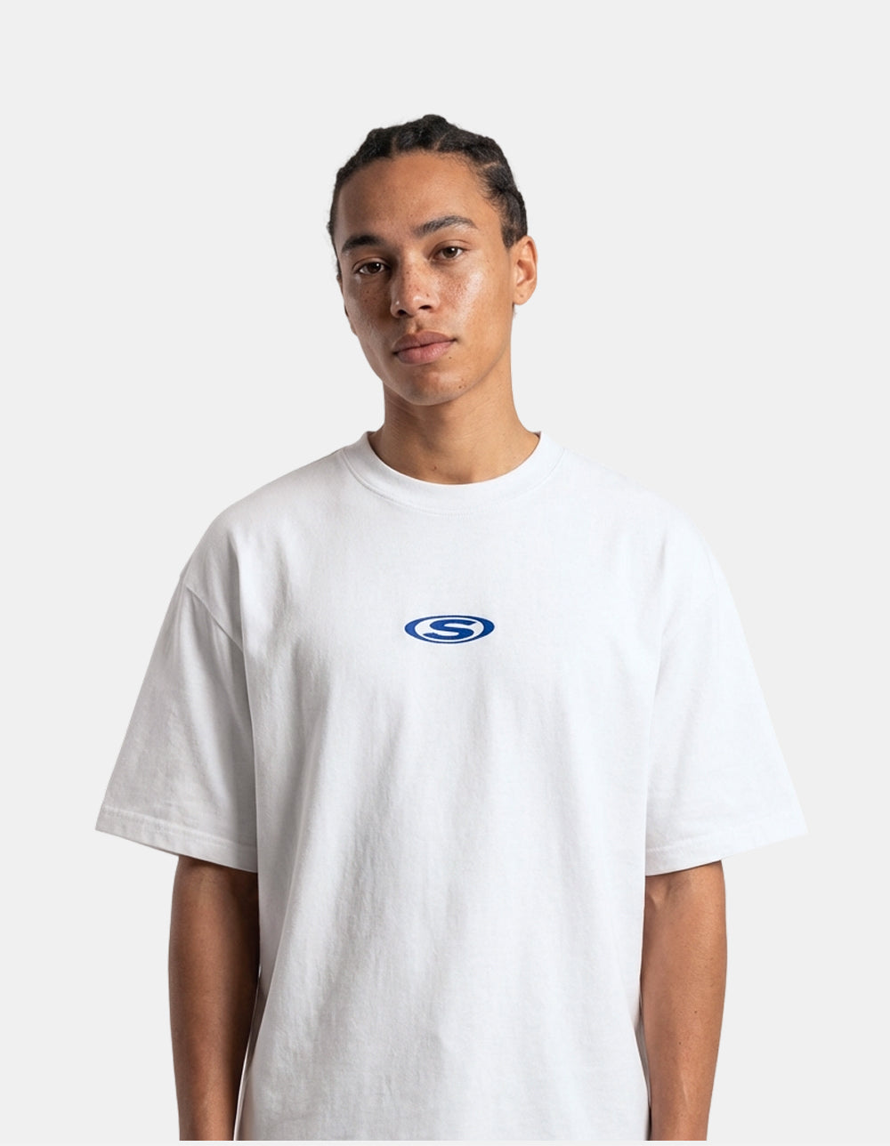 Fastest Game white oversized lacrosse tee front on model