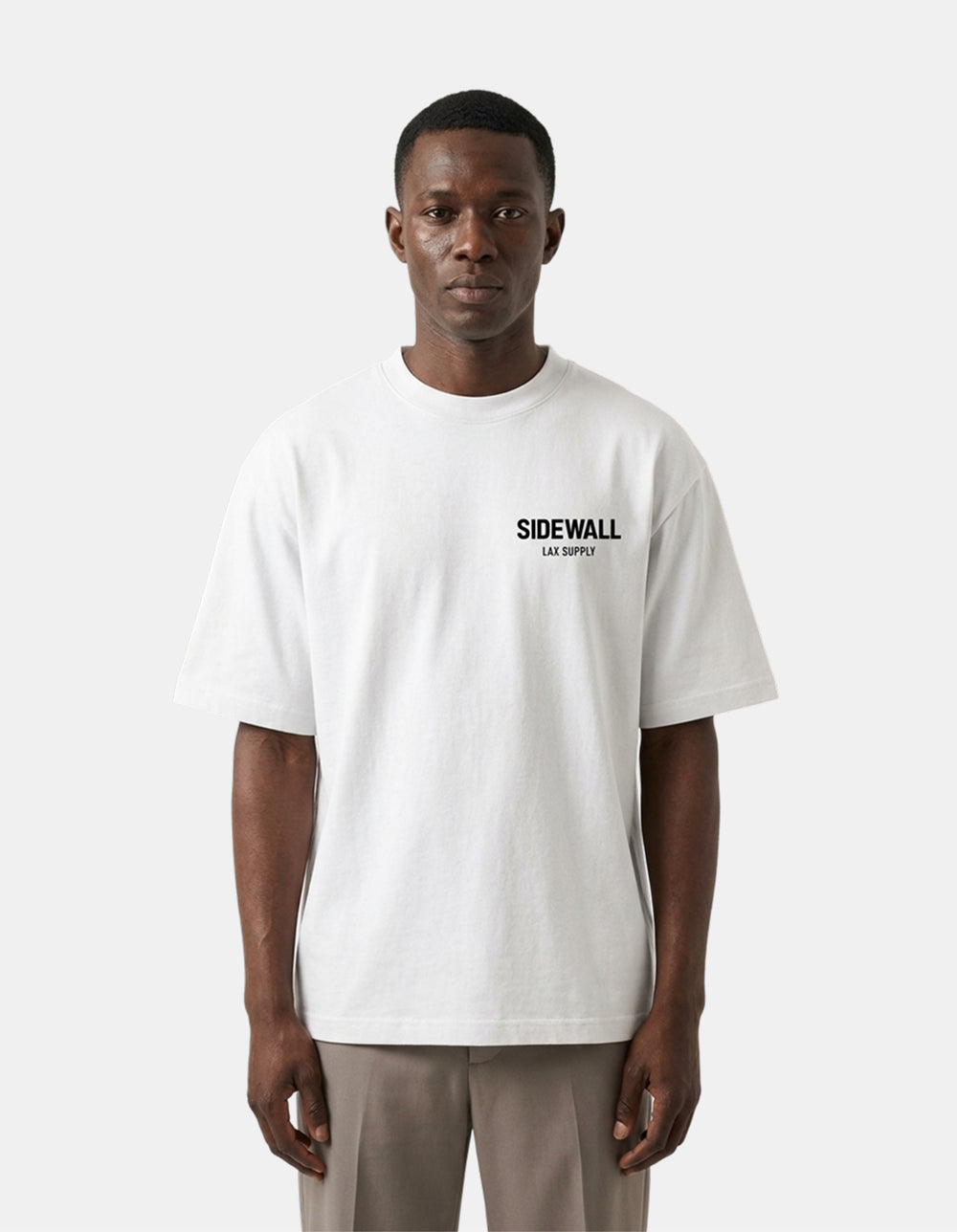 Sidewall Core white oversized lacrosse tee front on model
