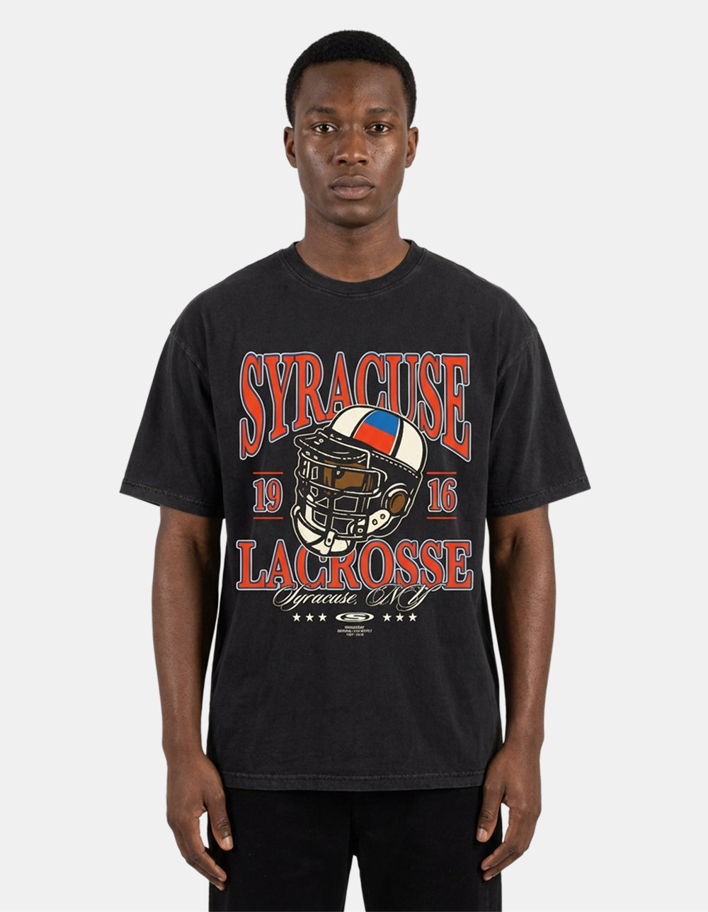 Syracuse black oversized lacrosse tee on model