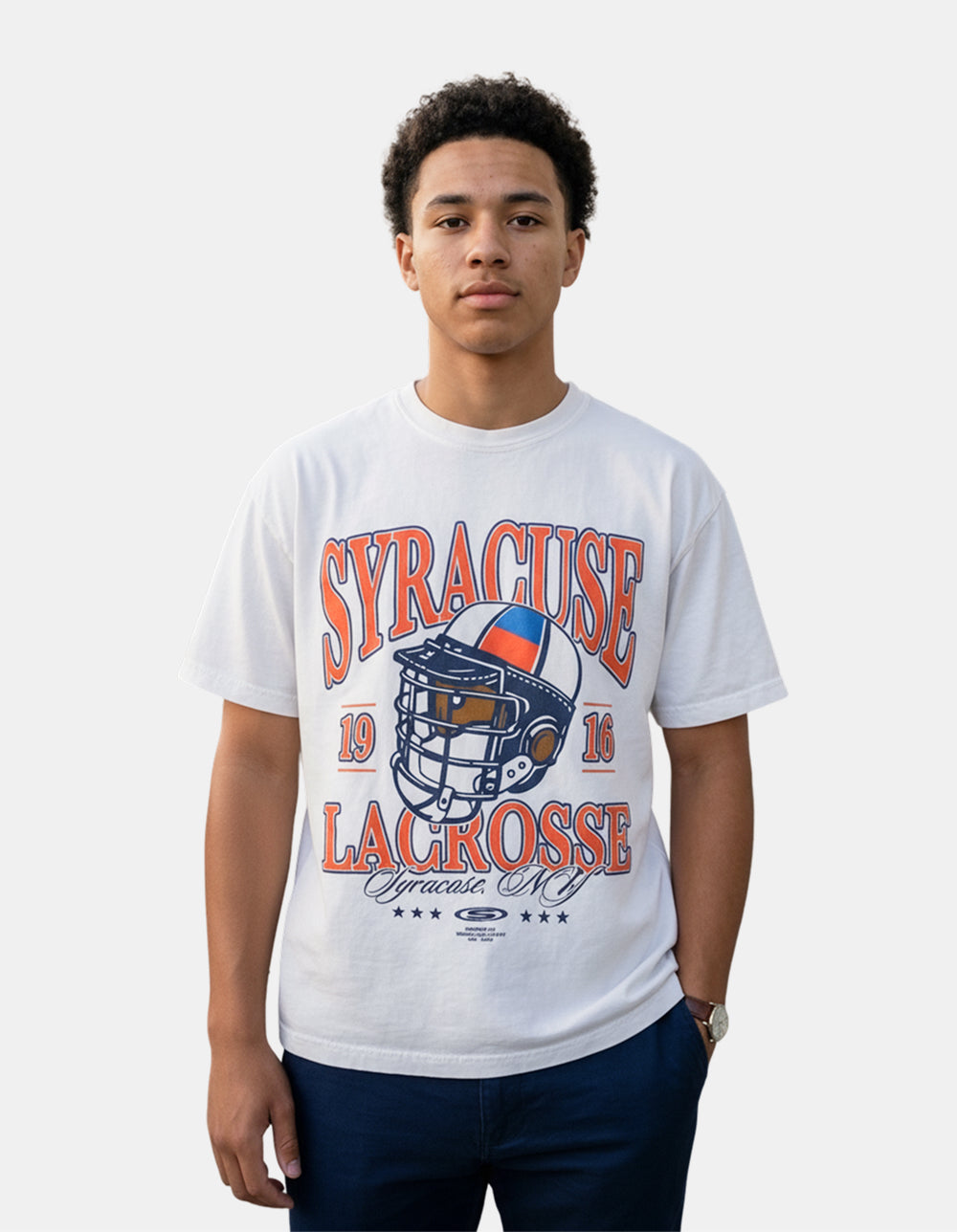 Syracuse white oversized lacrosse tee on model