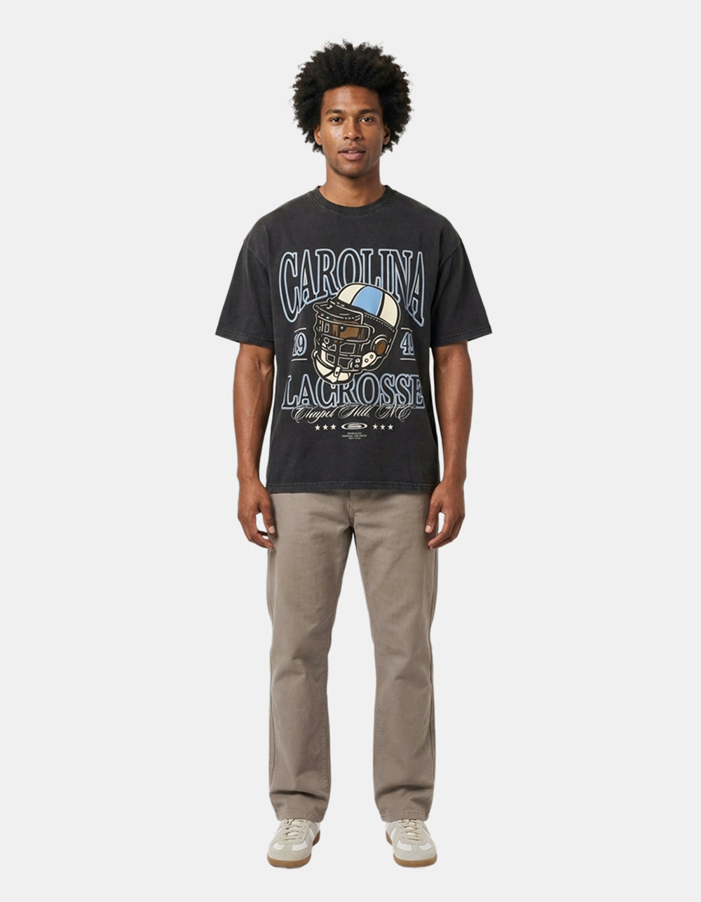 Carolina black oversized lacrosse tee on model