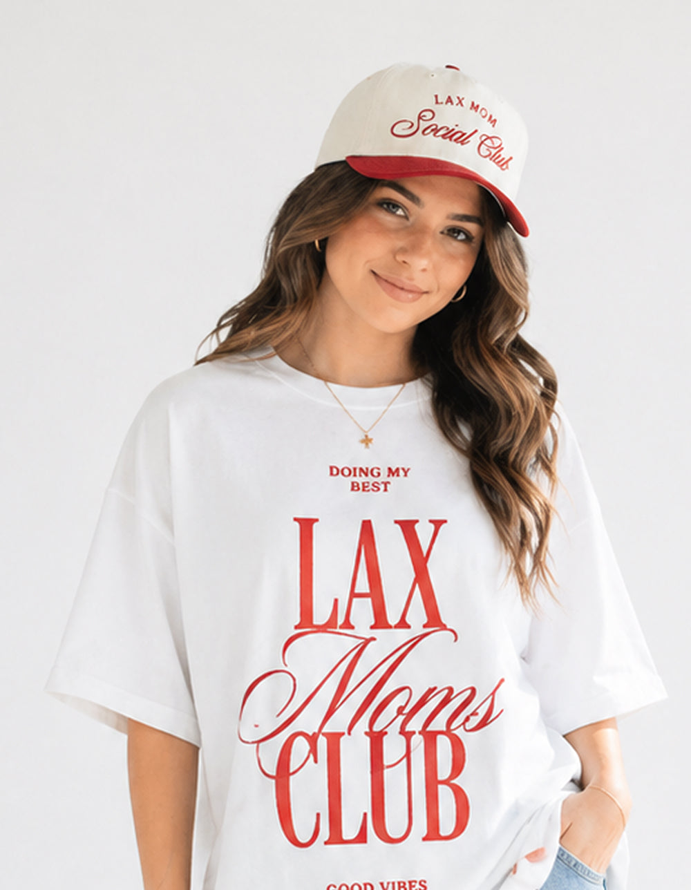 Lax Mom white and red hat on model